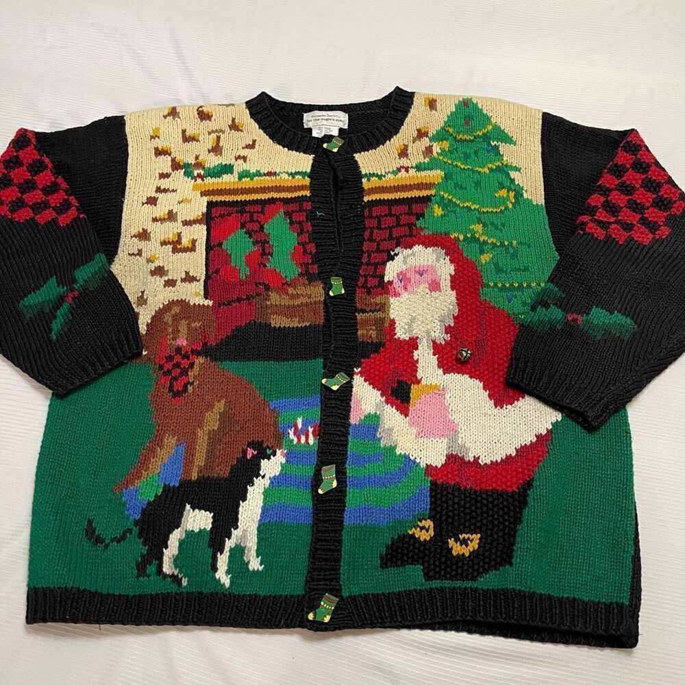 Alexandra Bartlett Eagles Eye VTG Santa Sweater Cardigan Plus Size 1X